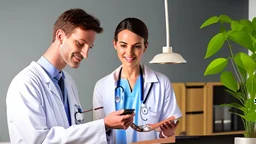 male and female doctor with stethoscope looking at herbal plant and smiling