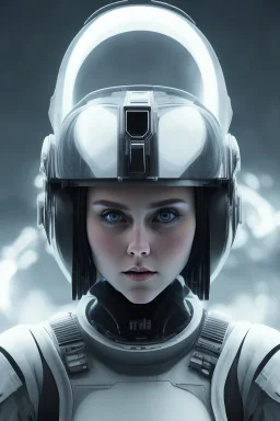 Black intergalactic pilot AnnaSophia Robb, portrait, bright white eyes, wearing high tech pilot helmet, white smoke, dark, rage, sorrow, high definition, ultra 8 k, volumetric lighting, blue fire, fog