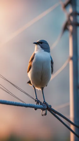 bird sitting on the power line, a bird so fat that the powerlines strech to the ground and power poles bend,bokeh like f/0.8, tilt-shift lens 8k, high detail, smooth render, down-light, unreal engine, prize winning