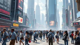 A visually striking, futuristic scene depicting the bustling heart of a 2080 metropolitan city center, with a dynamic blend of human activity and advanced architectural elements. The foreground should feature a diverse array of individuals - a mixture of pedestrians, commuters, and urban dwellers - engaged in various tasks and interactions within the city landscape. These people should be rendered with a high level of photorealism, showcasing the nuanced expressions, fashion, and body language