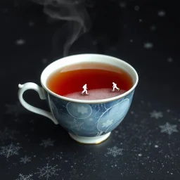 Fantastical surrealist porcelain teacup with a snowflace an ice skate pattern which has an ice-skating rink on the surface of the tea where small female ice skaters are skating, cold temperatures, ethereal snowflakes on a dark background, ice vapors, surreal