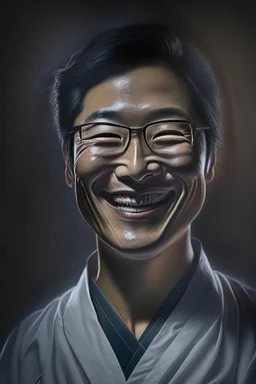 asian surgeon portrait smiling, scalpel pose, dark lighting, hyper-realistic