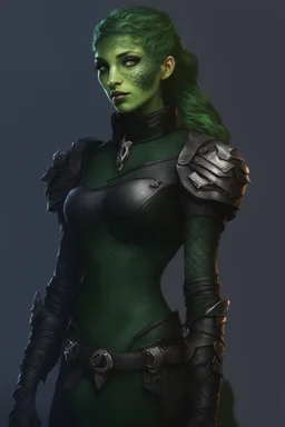 female snake humanoid, green scales, wearing a black leather armor, dungeons and dragons