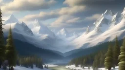 Mountainscape with snow, trees, river, clouds, hi def 4k in the style of Rousseau