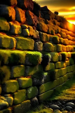 stone wall texture, old, moss, shiny wet, sunset, frontal