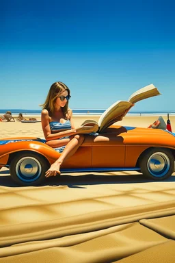 Hyperrealistická fotografie ve stylu 70. let. Mladá žena leží na břiše na plážovém ručníku vedle klasického dune buggy z roku 1976, zaparkovaného na teplé, slunečné pláži. Má na sobě retro plavky střihu brazilky, záda má odhalená, nohy pokrčené a překřížené v kotnících, čte si brožovanou knihu. Vlasy má rozpuštěné, vedle ní leží sluneční brýle a piknikový košík s hrozny, sýrem a lahví vína. Celá scéna je prodchnuta uvolněnou, nostalgickou letní náladou 70. let severní Evropy — měkké teplé světlo