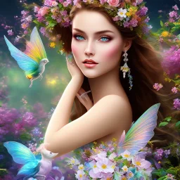 bright fairy, beautiful portrait, flowery landscape