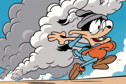 mostly sky, ground line at bottom, small cartoon character on the bottom right running towards the right side, leaving behind a puff of smoke. style of looney toons cartoon