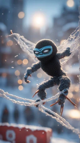 ninja spider god gremlin alien pimp with ski mask caught frozen in net, bokeh like f/0.8, tilt-shift lens 8k, high detail, smooth render, down-light, unreal engine, prize winning