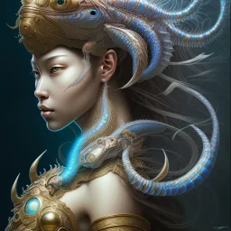 Sango fantasy, fantasy magic, intricate, sharp focus, illustration, highly detailed, digital painting, concept art, matte, art germ and Paul Lewin and Kehinde Wiley, masterpiece Indonesian lady head bronze lionfish Asian African girl nice breast Thai hair turquoise silver blue waves