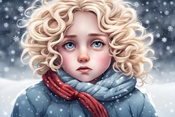 Lonely orphan with big innocent eyes and curly blonde hair and snowflakes in her hair. Lots of big snowflakes. Snowy landscape.