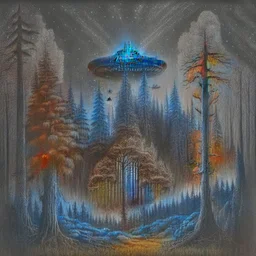 a black metal album cover showing a dark forest with a house in the distance and a UFO in the sky