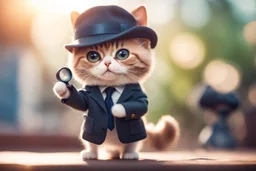 cute chibi spy cat in detective clothes and hat with magnifying glass, watching pictures with it in sunshine, ethereal, cinematic postprocessing, bokeh, dof