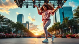 beautiful lady with makeup in pants and pretty shirt curvy long hair sport shoes dancing in a open stage in a modern city cnter ,flowers and trees ,pretty clouds, golden hour