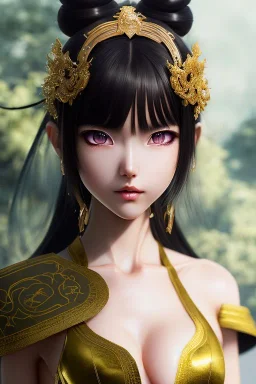 Detailed cute anime Kunoichi girl with green eyes, brown hair buns, bangs, latex bodysuit, intricate details, full body portrait, keep head in frame, slight smile, black Japanese motif, concept art, highly detailed, digital painting, concept art, sharp focus, illustration, art by Yoji Shinkawa, WLOP and greg rutkowski and alphonse mucha and artgerm and yanjun Chen and Junji ito and Makoto Shinkai, HDR, octane render