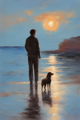 Craft an impressionistic painting of a solitary figure standing at the edge of a calm sea, with a dog by their side. The scene is set at sunrise, with the sky and sea awash in a brilliant array of colors—soft blues, gentle golds, and subtle pinks, all reflecting off the water's surface. The brushstrokes are visible and textured, giving the painting a dreamy, vibrant quality. The figure and the dog cast long reflections on the water, creating a harmonious connection between them and the surroundi