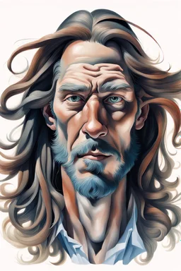 This image depicts a lifelike caricature of a man with long hair. The man is the central figure in the picture, taking up most of the space, with his features and hair color against a white background. The image has an artistic style that leans toward abstraction, making it an interesting piece of art. The man's face is one of the most dominant aspects of this image. His facial features are emphasized, and a lot of character is shown, which is typical of anime drawings. This photo doesn't h