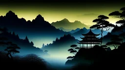 a vector graphic of a japanese landscape in the mist at night