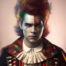 sad court jester, white face clown makeup, Dylan O'Brien, handsome, circus, jester's hat, portrait, melancholy expression, trace light, Paint spatters, muted drips, sad, sad clown face paint, thomas rollus child of light, Thomas Rollus, fantasy, anime, volumetric lighting, sun shafts, spectral, illuminated, gothic colors, modern fairy tale, high detail, red leaf tree, perfect