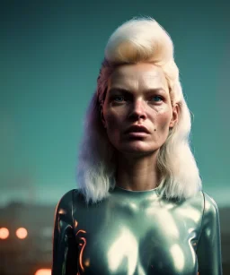 retro sci-fi portrait image from 1980, supermarket parking explosions, fire, scared people, blonde woman walking, sweet Kate moss face, tight latex suit, soft color, highly detailed, unreal engine 5, ray tracing, RTX, lumen lighting, ultra detail, volumetric lighting, 3d, finely drawn, high definition, high resolution.