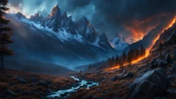 A mountain side burning with powerfull, blue magic. dark fantasy concept art, exquisite realism, a masterpiece, dynamic lighting, hyperdetailed, intricately detailed, deep color, Unreal Engine, volumetric lighting , Epic cinematic brilliant stunning intricate meticulously detailed dramatic atmospheric maximal,