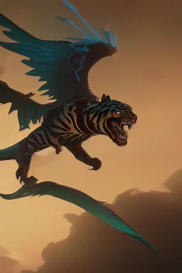 A flying tiger with wings is fighting with a dragon.