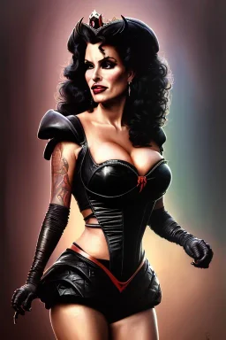 painting of lisa ann as evil queen in black leather, feminie, angry, stern look on her face, volouptous, busty, cleavage, emperious, mature, highly detailed, digital painting, artstation, concept art, smooth, sharp focus, illustration, art by gaston bussiere and alphonse mucha