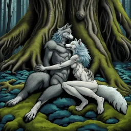 an anthropomorphic wolf-man hybrid in dark gray body hair and anthropomorphic wolf-female hybrid with pale gray body hair lie down hugging each other with paws on their backs on blue-green moss around brown huge trunks trees, raini day, high contrast, high detalied, high realistic, around in background giant tall alien trees, atmospheric, dark fantasy, sci-fi mood