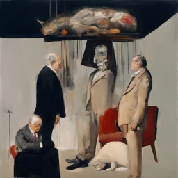 UN conference,a cat and human flesh-like surgical instruments and universe-like a pigeon and neuralink, surrealism,minimalism,Painting By Adrian Ghenie, Rene Magritte, Salvador Dali, Lucian Freud