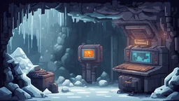 underground bunker in a cold icy caves, computers and robots, ongoing operation, sci fi, comical, high quality retro pixel art,
