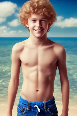 full body image of a beautiful 12 year old boy with long, blonde curly hair and light blue eyes, smiling, holding an apple in his right hand, shirtless, in front of an distant beach