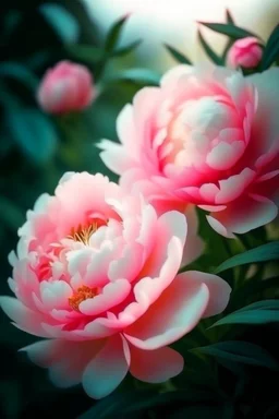 The flowers are pink delicate peony ...bush , English watercolor, hyperdetalization delicate pastel tones , hazy , mirage , haze , aesthetically pleasing, beautiful, bright lighting