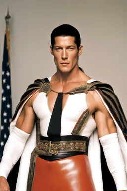 20-year-old, extremely muscular, short, buzz-cut, military-style haircut, pitch black hair, Paul Stanley/Elvis Presley/Keanu Reeves/Pierce Brosnan/Jon Bernthal/Sean Bean/Dolph Lundgren/Patrick Swayze/ hybrid, as the extremely muscular Superhero "SUPERSONIC" in an original patriotic red, white and blue, "Supersonic" suit with an America Flag Cape,