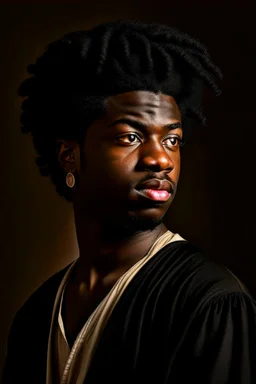 A portrait of a young black man, curvy black hair, Caravaggio style