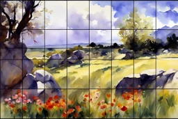 Sunny day, clouds, flowers, rocks, trees, distant mountains, spring, sci-fi, fantasy, john singer sargent watercolor paintings