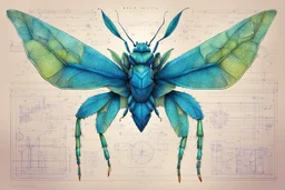 Hand drawn technical,full body illustration , with detailed blueprints and engineering schematics of a hybrid walking leaf insect woman, with highly detailed facial features, drawings, and technical notation, 8k, vibrant natural colors