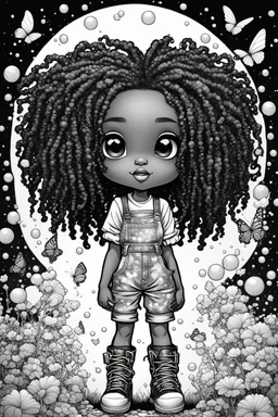 Create an coloring page of a psychedelic illustration of a chibi cartoon black young girl wearing overalls and boots. . Highly detailed sister locs. Background of a large bubbles and butterflies all around her, black and white