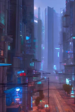 3D render of a cyberpunk city street, on a dark blue skyscrapes background, high detail, hyperrealistic, 4k, cinematic. digital art