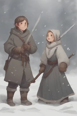 DnD style, two medieval peasant kids playing in the snow, female age 14 and male age 15, happy and playful, he has a short sword.