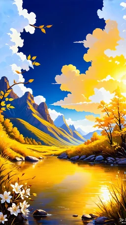 view of mountain landscape at the golden hour with clouds at the sky on a river with gold branch ,leaves and white flowers on the side ,oil paint style