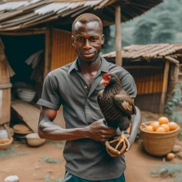 a black man holding a chicken in a village setup