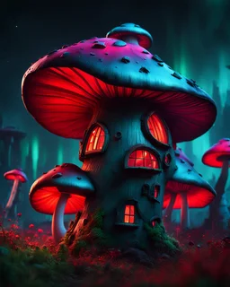 An asymmetrical mushroom house in the night sky. in space. Bright Bold Bright Colors, teal red green, Stark Dark background. Detailed Matte Painting, deep color, fantastical, intricate detail, splash screen, hyperdetailed, insane depth, Fantasy concept art, 8k resolution, trending on artstation, Unreal Engine 5, color depth, Deep Colors, backlit, splash art, dramatic, splash art Style. High Quality, Painterly, Whimsical, Fun, Imaginative, Bubbly, good detail, perfect composition,