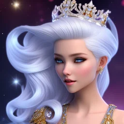 Ice Princess with white hair smilling, a crown with precious stones, bright background