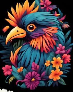 Decorative composition with birds Pattern of bright and colourful tropical birds and flowers in pop art style on dark background Template for Tshirt sticker etc