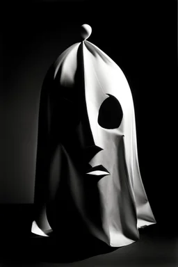 a black and white photograph in the style of man ray, the photograph is of a scary ghost mask