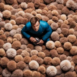 looking down from high above, James T Kirk, in star trek uniform, squeezing out of a big pile of tribbles