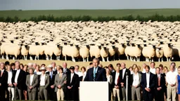 George w bush at podium speaking to large field of sheep