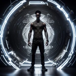 Man, fhoto full body, reality, angle Raw, super black magic in power light, digital art, with logo text "addie", intricate details, powerful composition, captivating, , trending on artstation, sharp focus, studio photo, intricate details, highly detailed high tech, by addie_digi