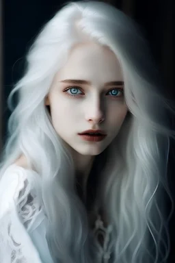The beautiful girl with luxurious snow-white hair is very old-fashioned. She is famous for her beautiful eyes.