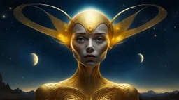 A woman appears on a starry night. Her eyes glow with an unearthly hue, and her antennae move delicately in the void of space. The body, shrouded in a golden aura, reflects the light of the surrounding stars. Despite her alien appearance, her beauty is almost otherworldly, conveying a sense of calm and mystery.